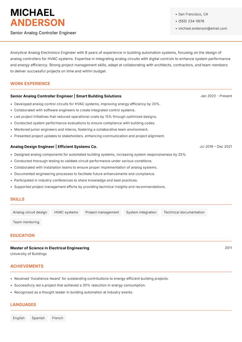 Analog Electronics Engineer Resume Template