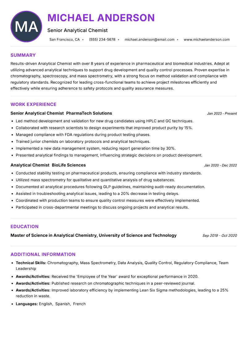 Analytical Chemist Resume Preview Example