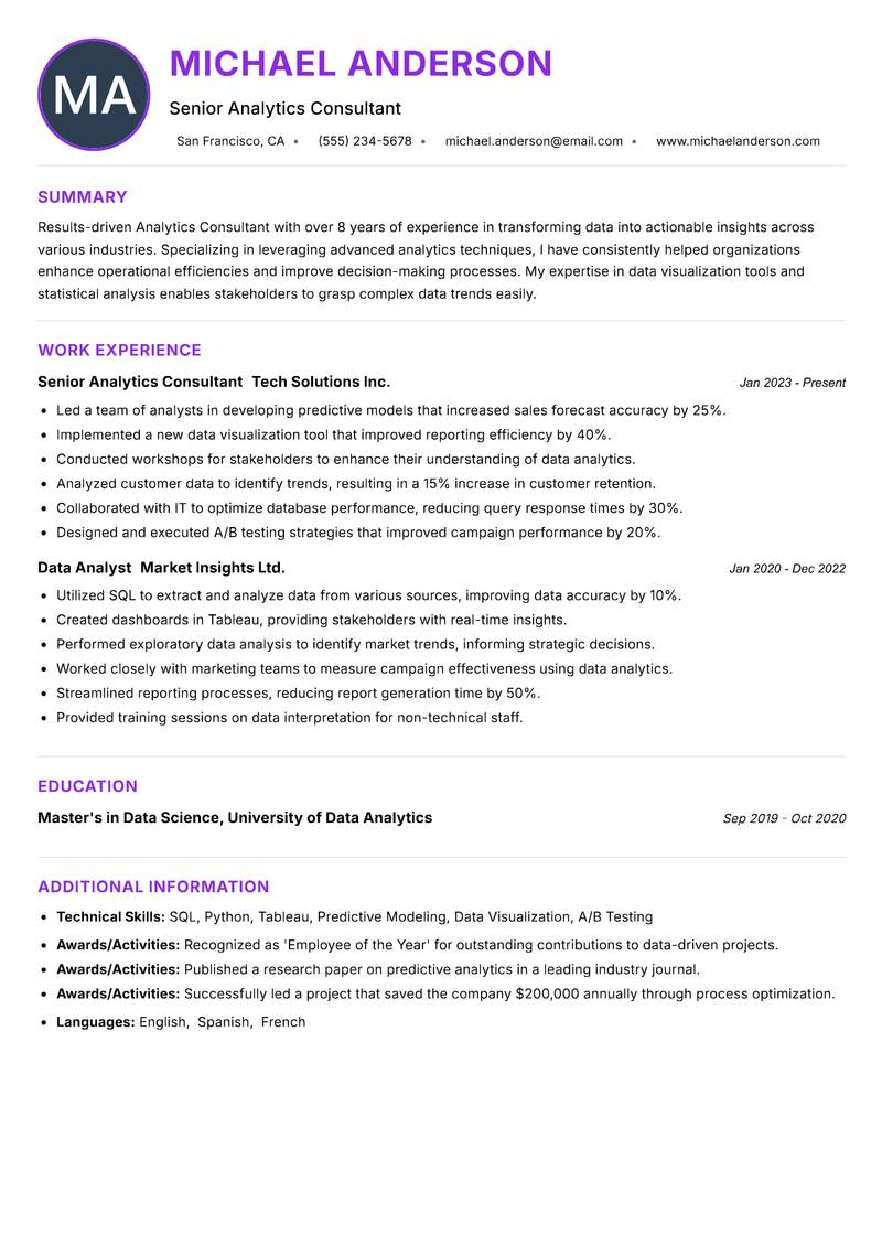 Analytics Consultant Resume Preview Example