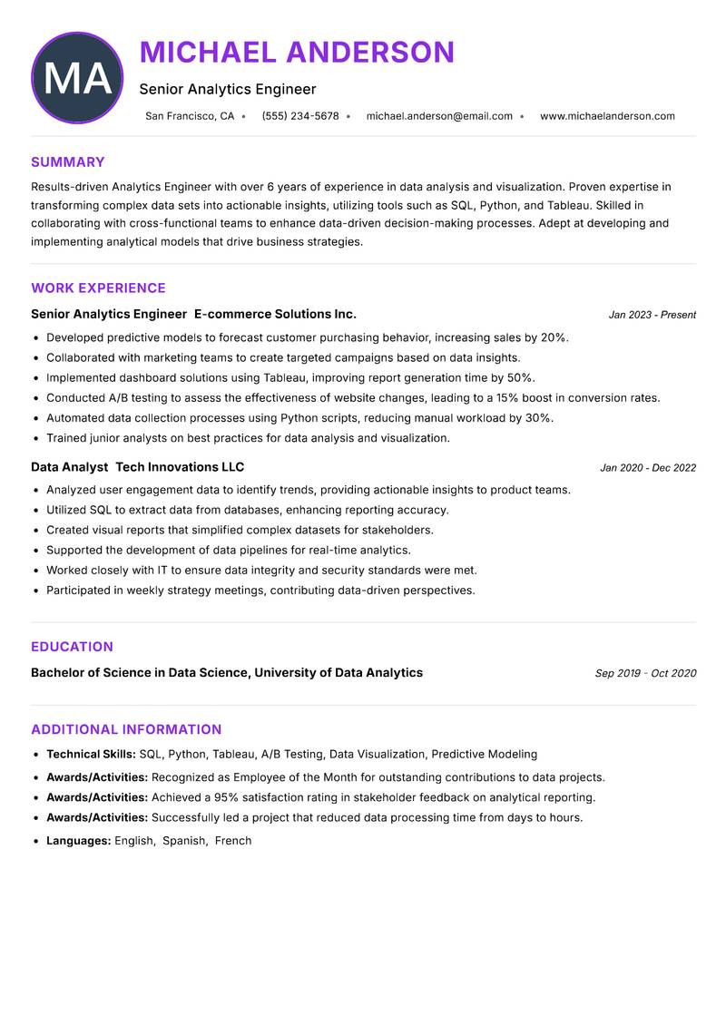 Analytics Engineer Resume Preview Example