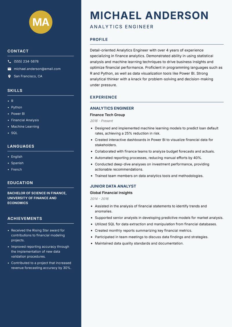 Analytics Engineer Resume Preview Example