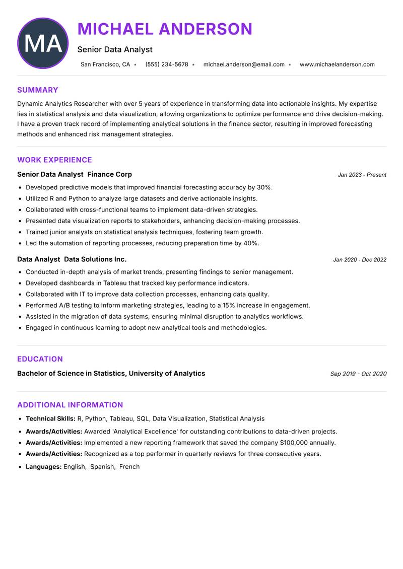 Analytics Researcher Resume Preview Example