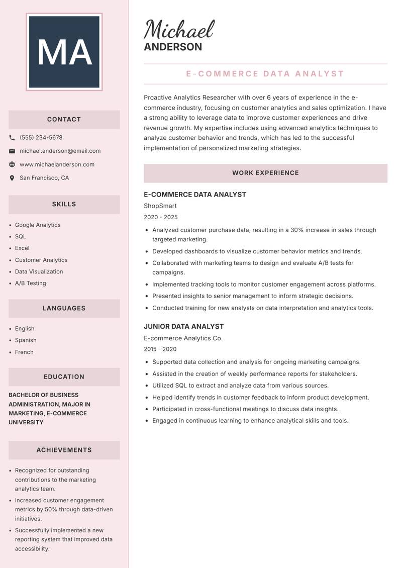 Analytics Researcher Resume Preview Example