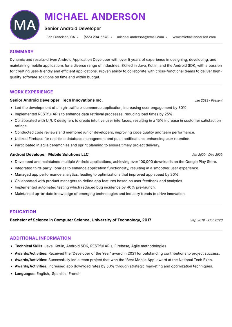 Android Application Developer Resume Preview Example
