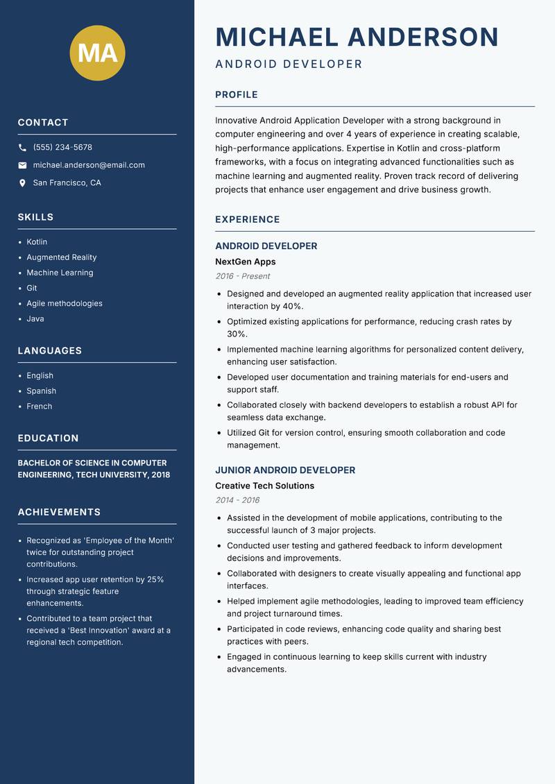 Android Application Developer Resume Preview Example