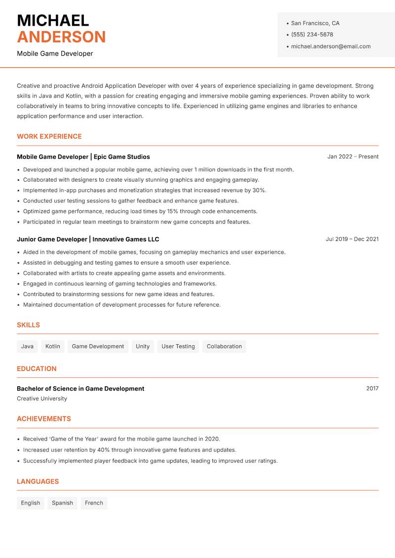Android Application Developer Resume Template