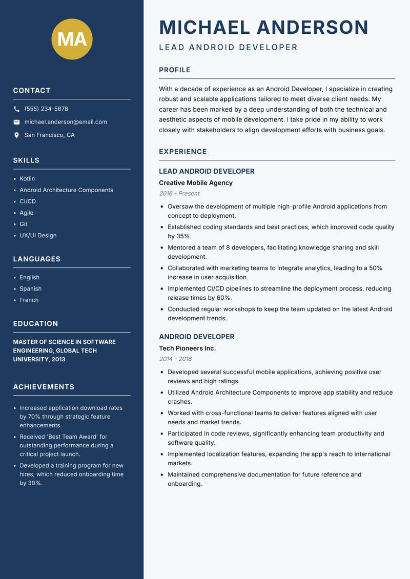 Android Developer Resume Preview Example