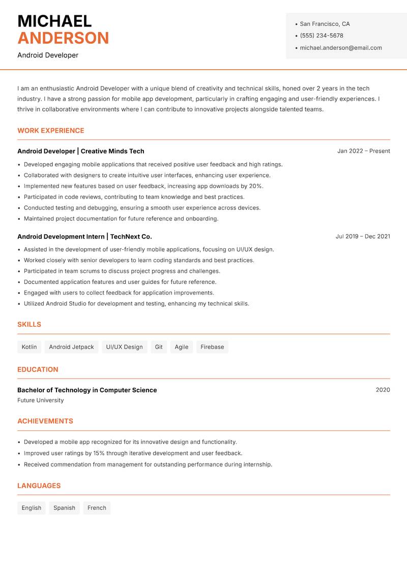 Android Developer Resume Template