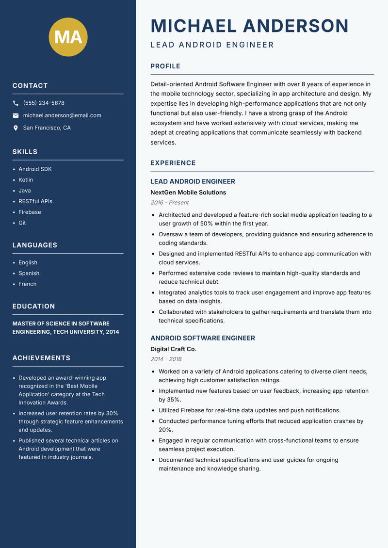Android Software Engineer Resume Preview Example