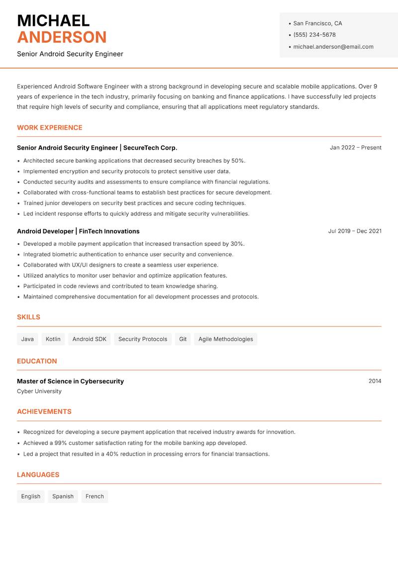 Android Software Engineer Resume Template