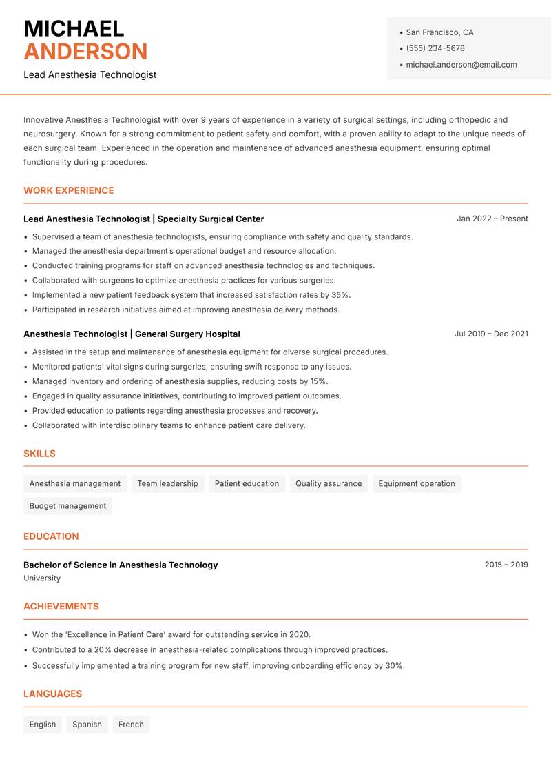 Anesthesia Technologist Resume Template