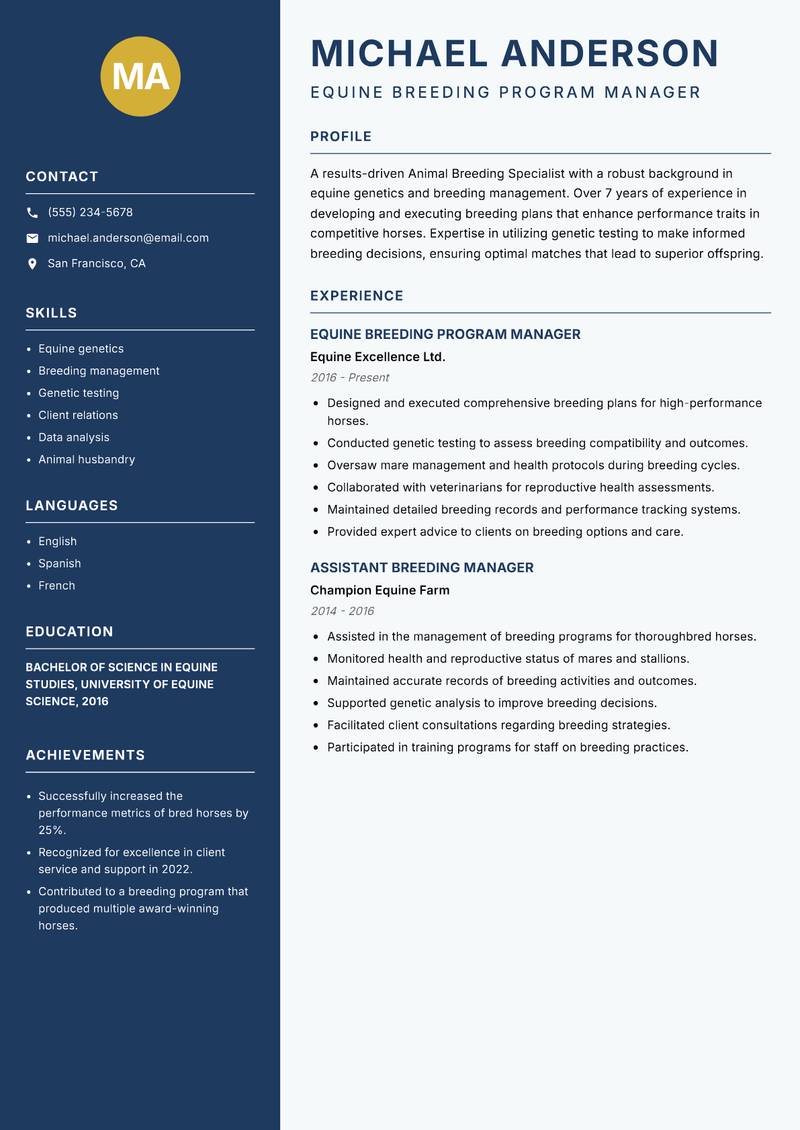 Animal Breeding Specialist Resume Preview Example