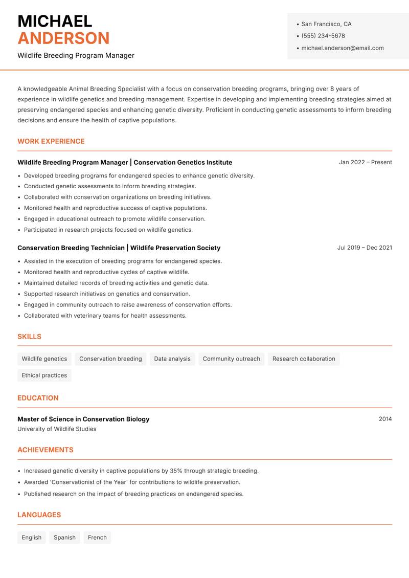 Animal Breeding Specialist Resume Template