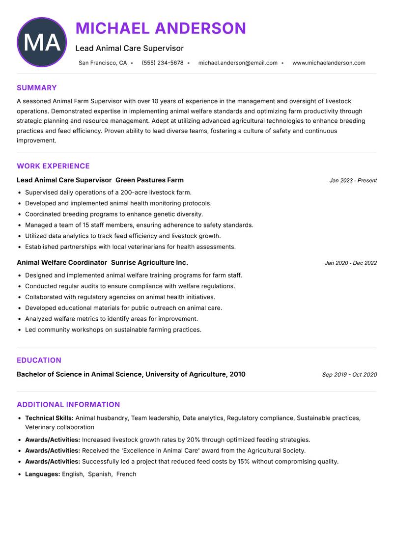 Animal Farm Supervisor Resume Preview Example