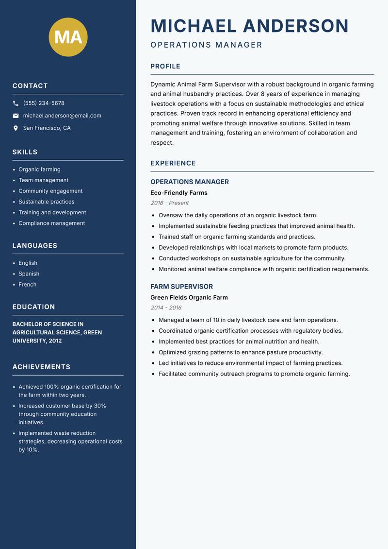 Animal Farm Supervisor Resume Preview Example