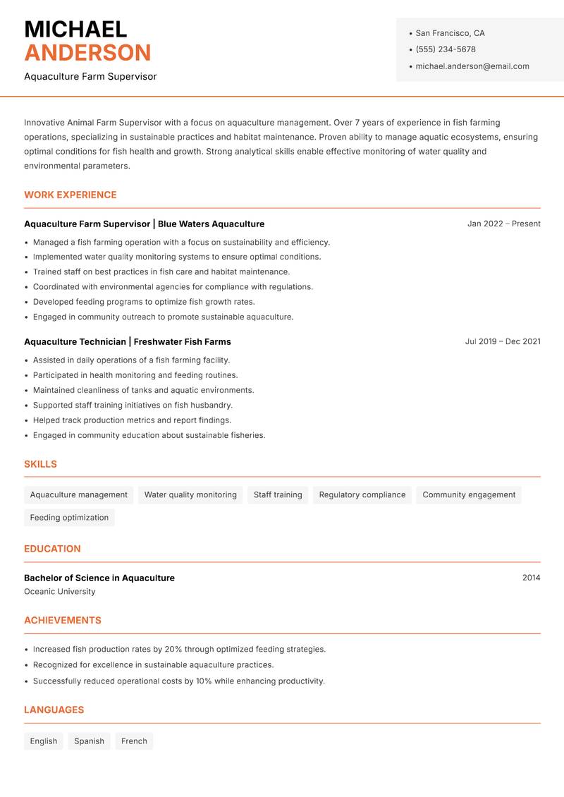 Animal Farm Supervisor Resume Template