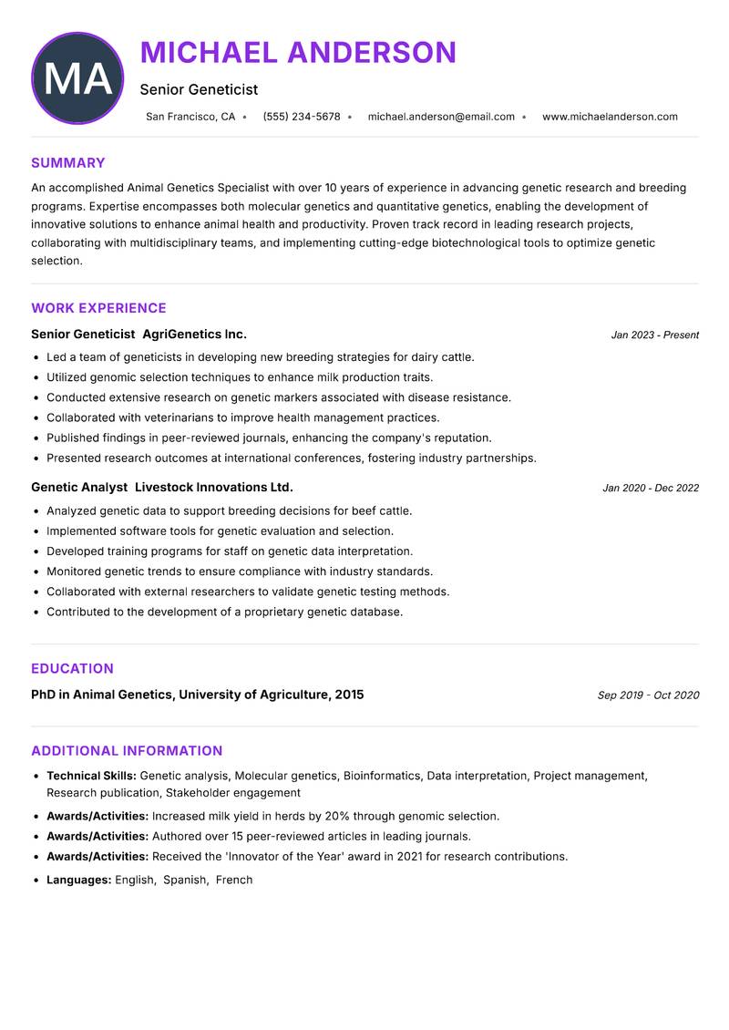 Animal Genetics Specialist Resume Preview Example