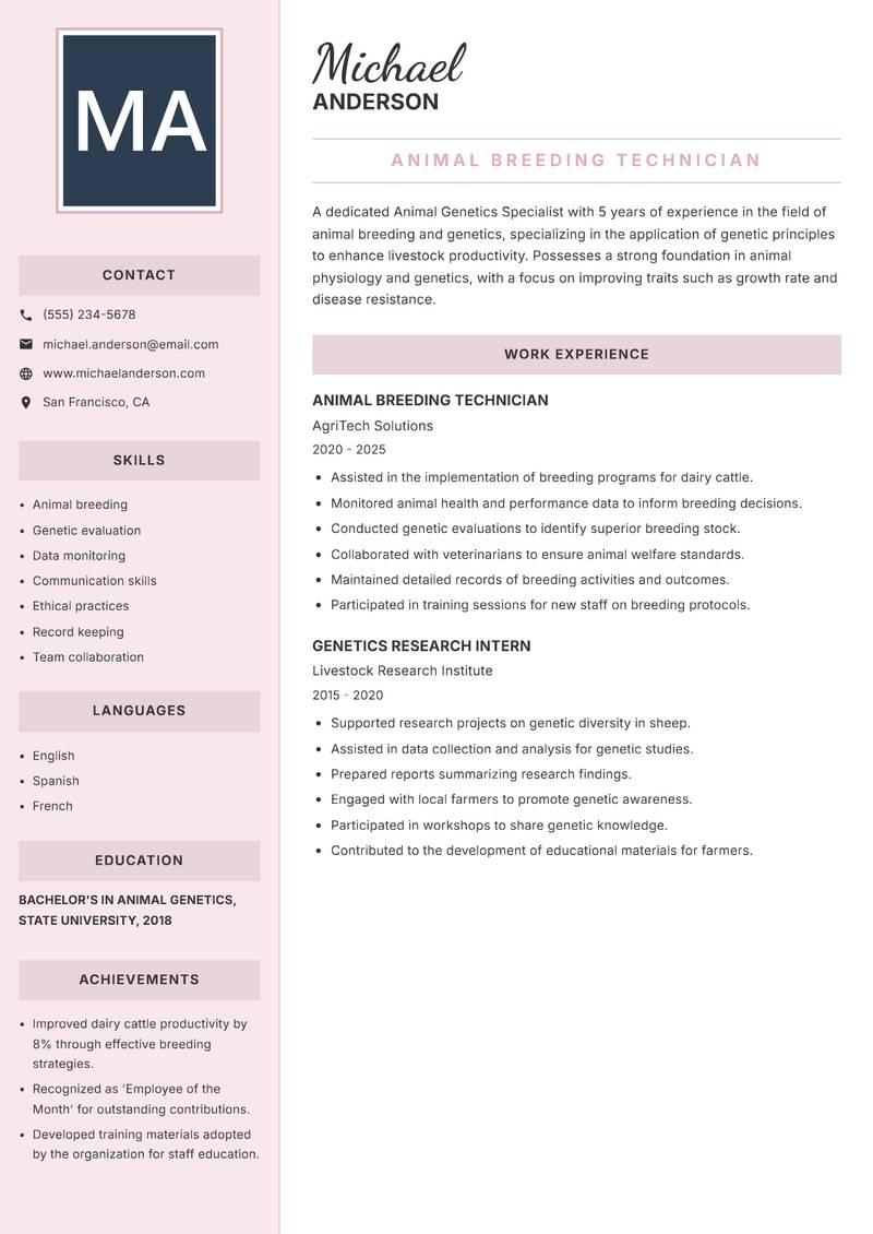 Animal Genetics Specialist Resume Preview Example