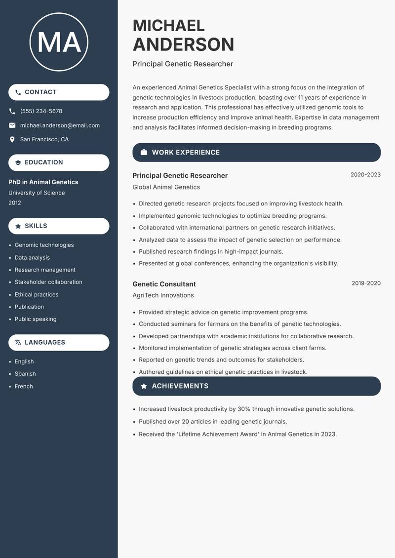 Animal Genetics Specialist Resume Preview Example