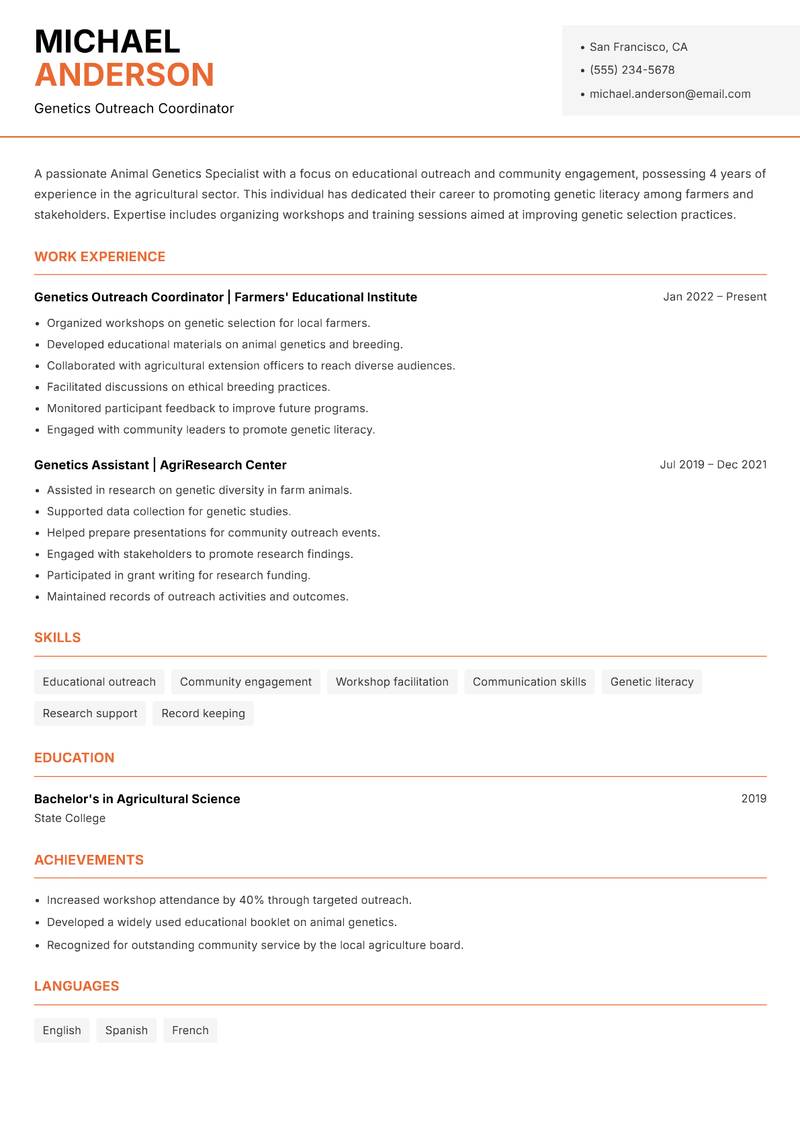 Animal Genetics Specialist Resume Template
