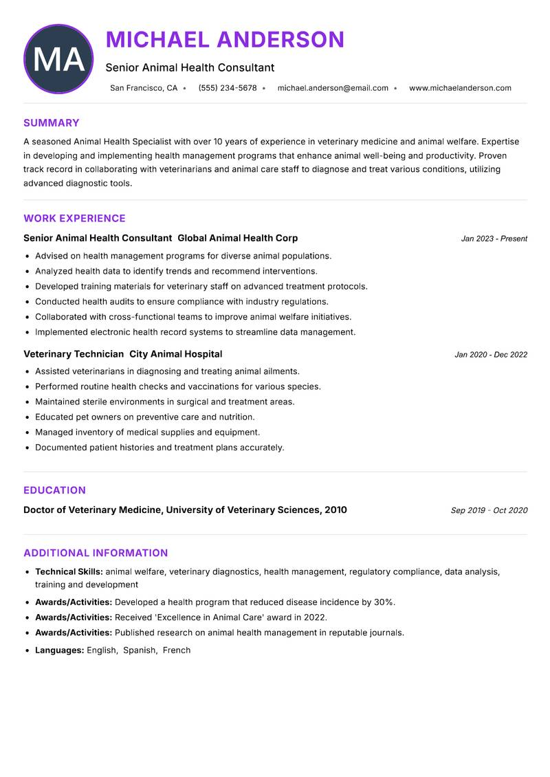 Animal Health Specialist Resume Preview Example