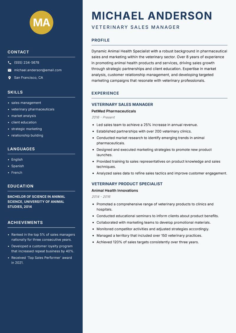 Animal Health Specialist Resume Preview Example