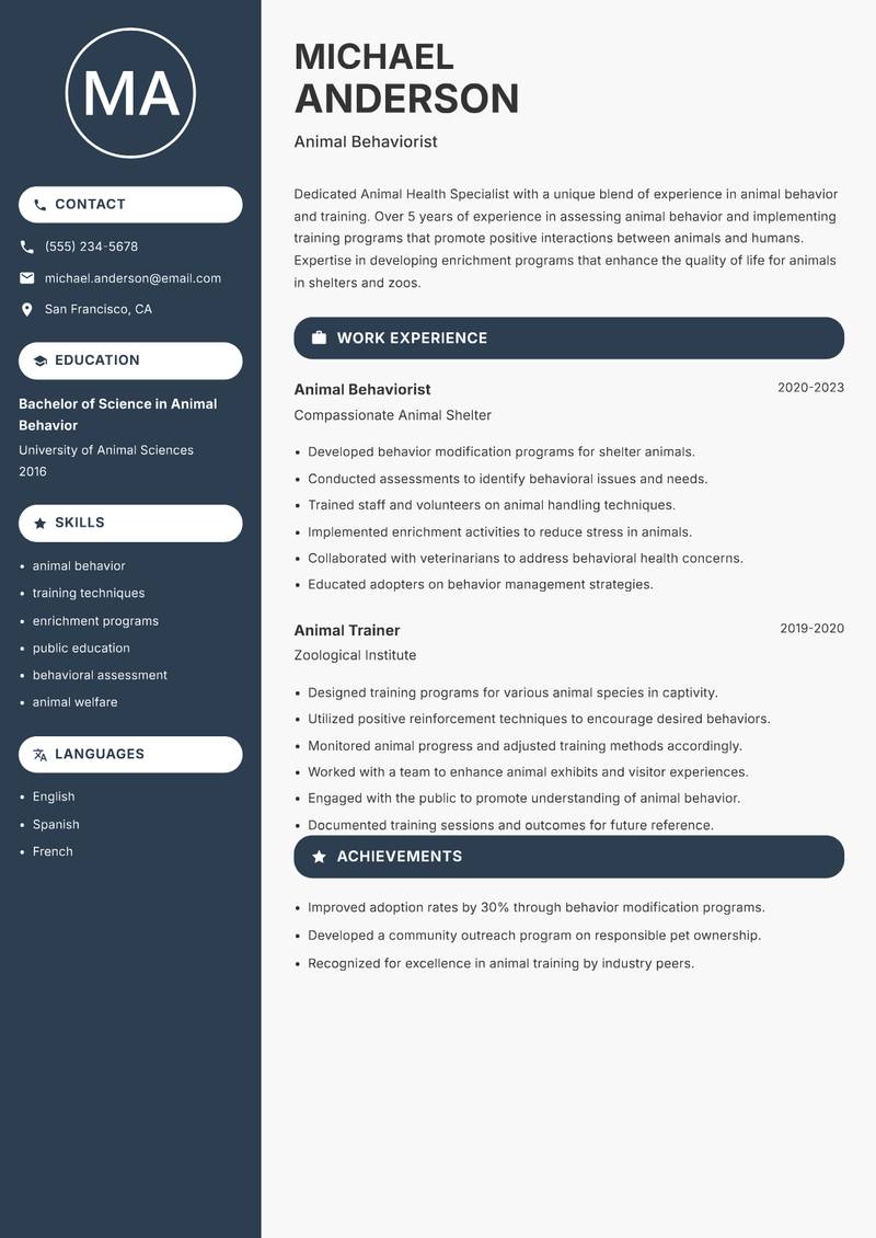 Animal Health Specialist Resume Preview Example