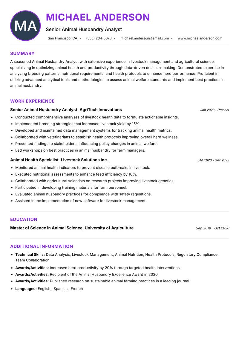 Animal Husbandry Analyst Resume Preview Example