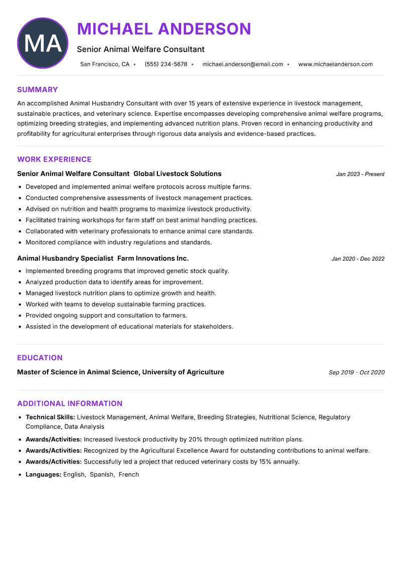 Animal Husbandry Consultant Resume Preview Example