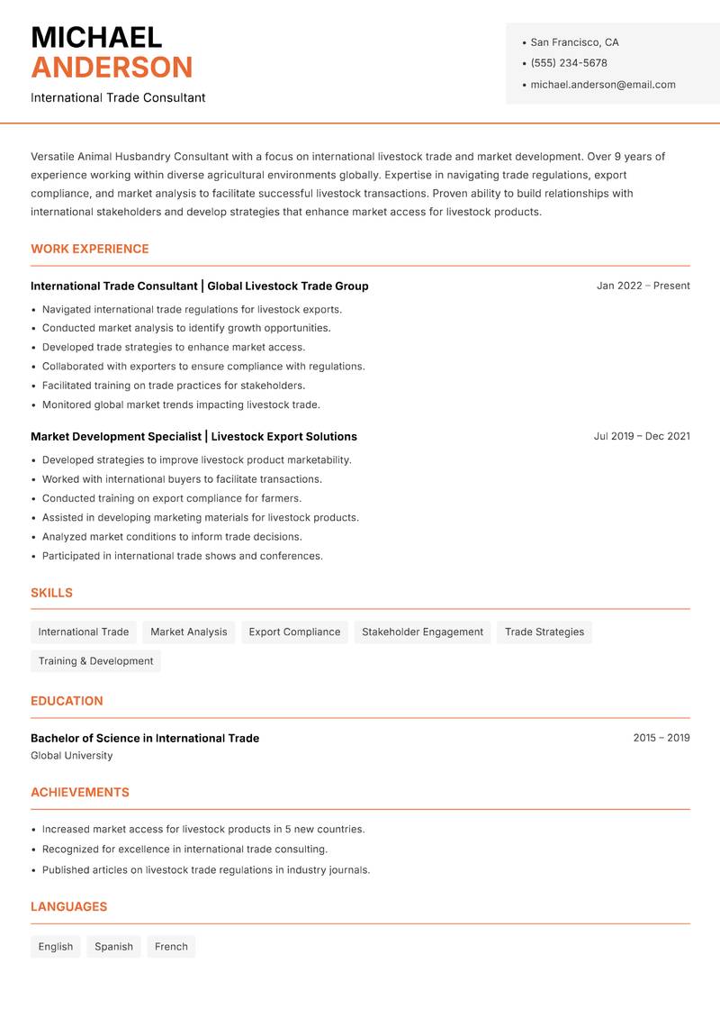 Animal Husbandry Consultant Resume Template