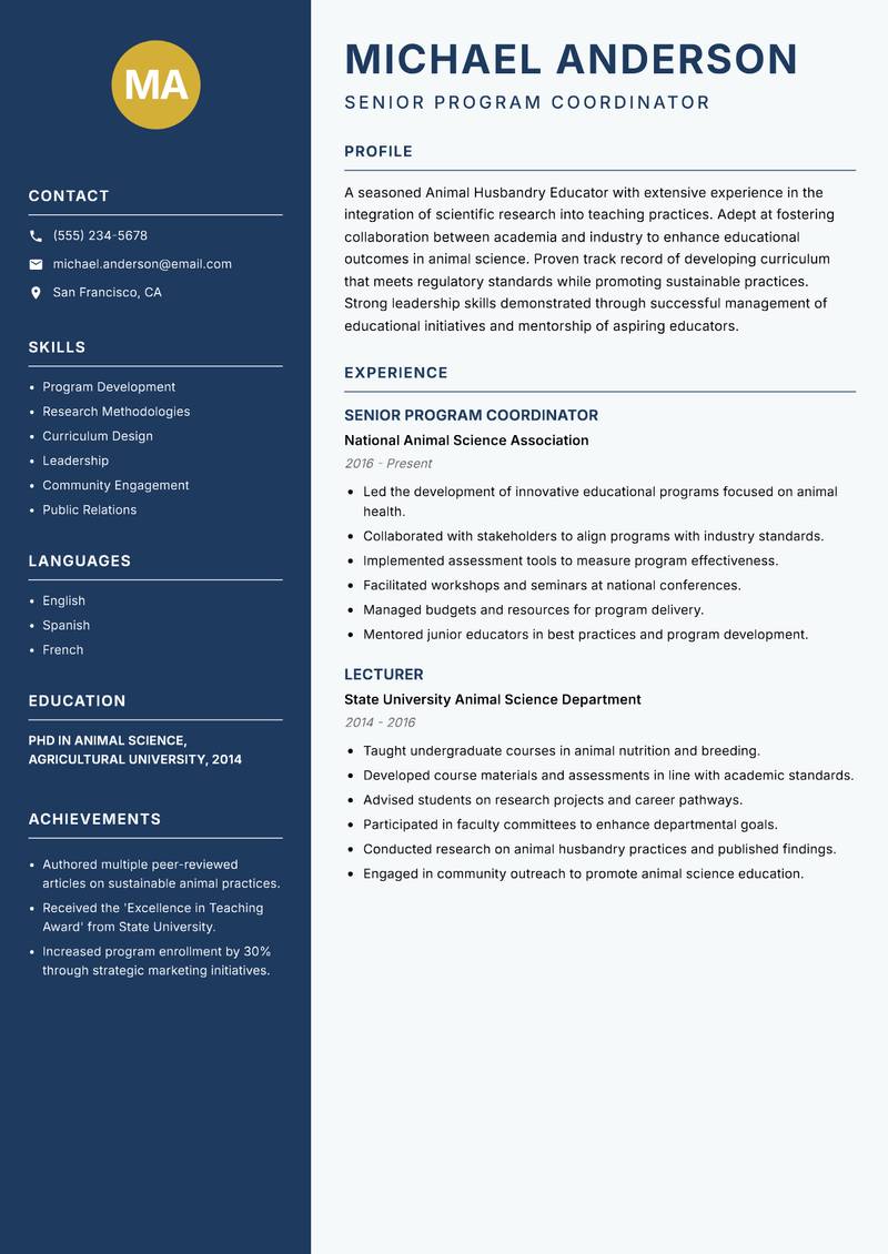 Animal Husbandry Educator Resume Preview Example