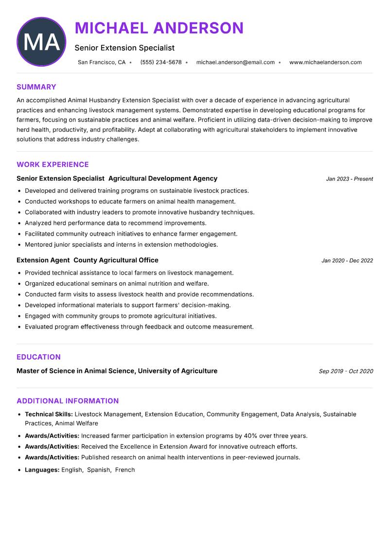 Animal Husbandry Extension Specialist Resume Preview Example