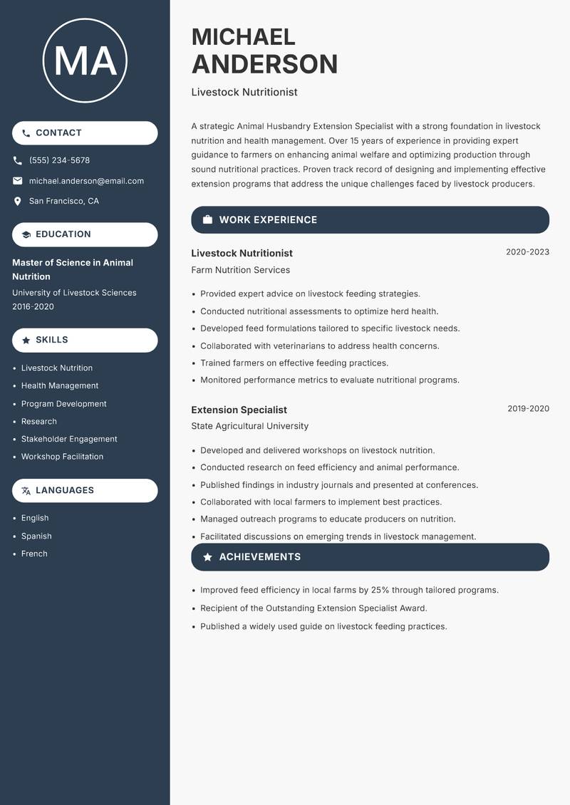 Animal Husbandry Extension Specialist Resume Preview Example