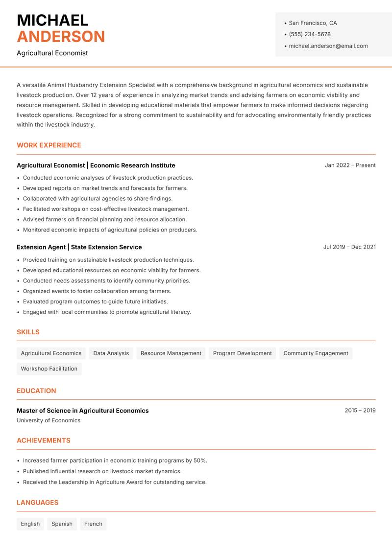 Animal Husbandry Extension Specialist Resume Template