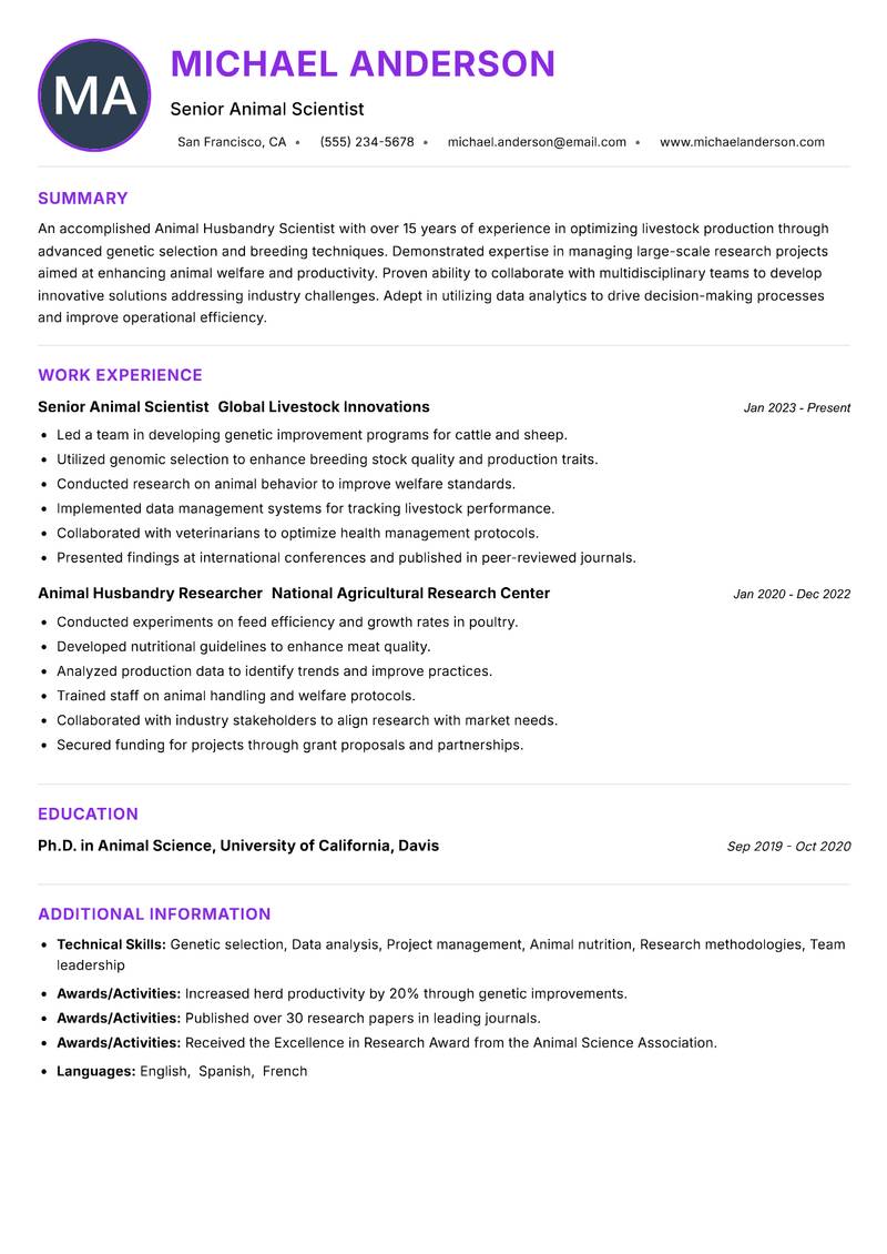 Animal Husbandry Scientist Resume Preview Example