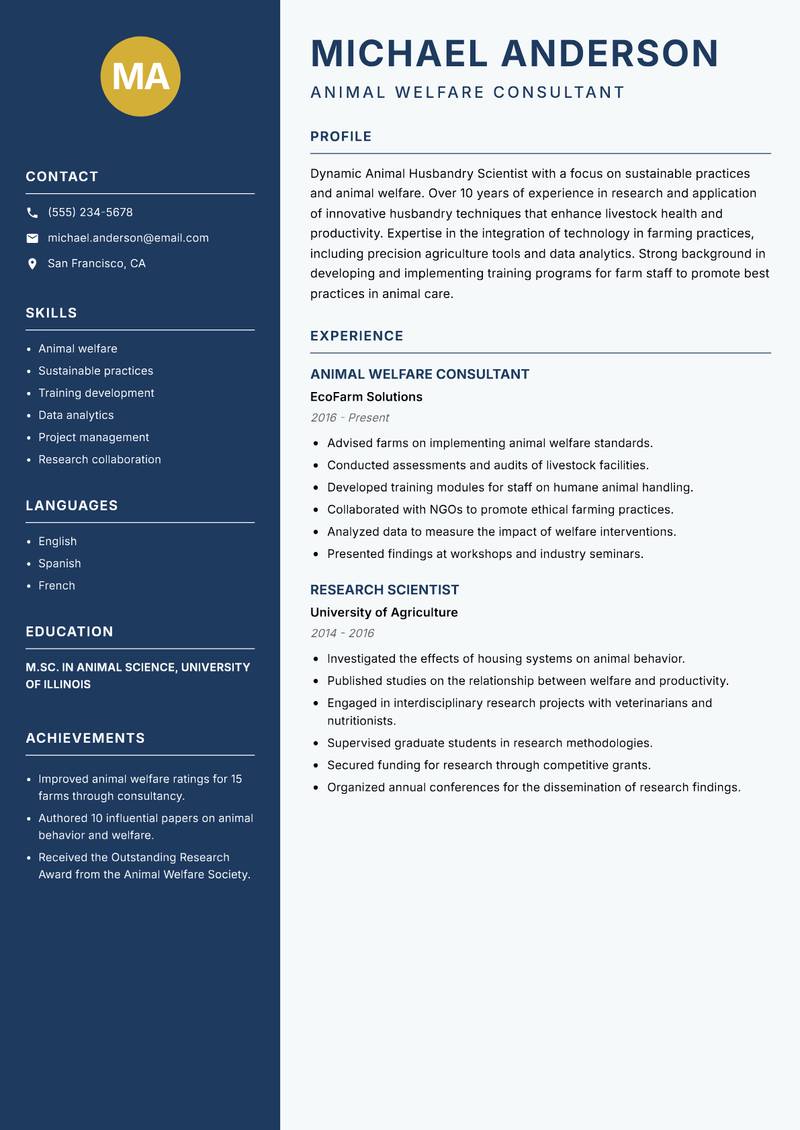 Animal Husbandry Scientist Resume Preview Example