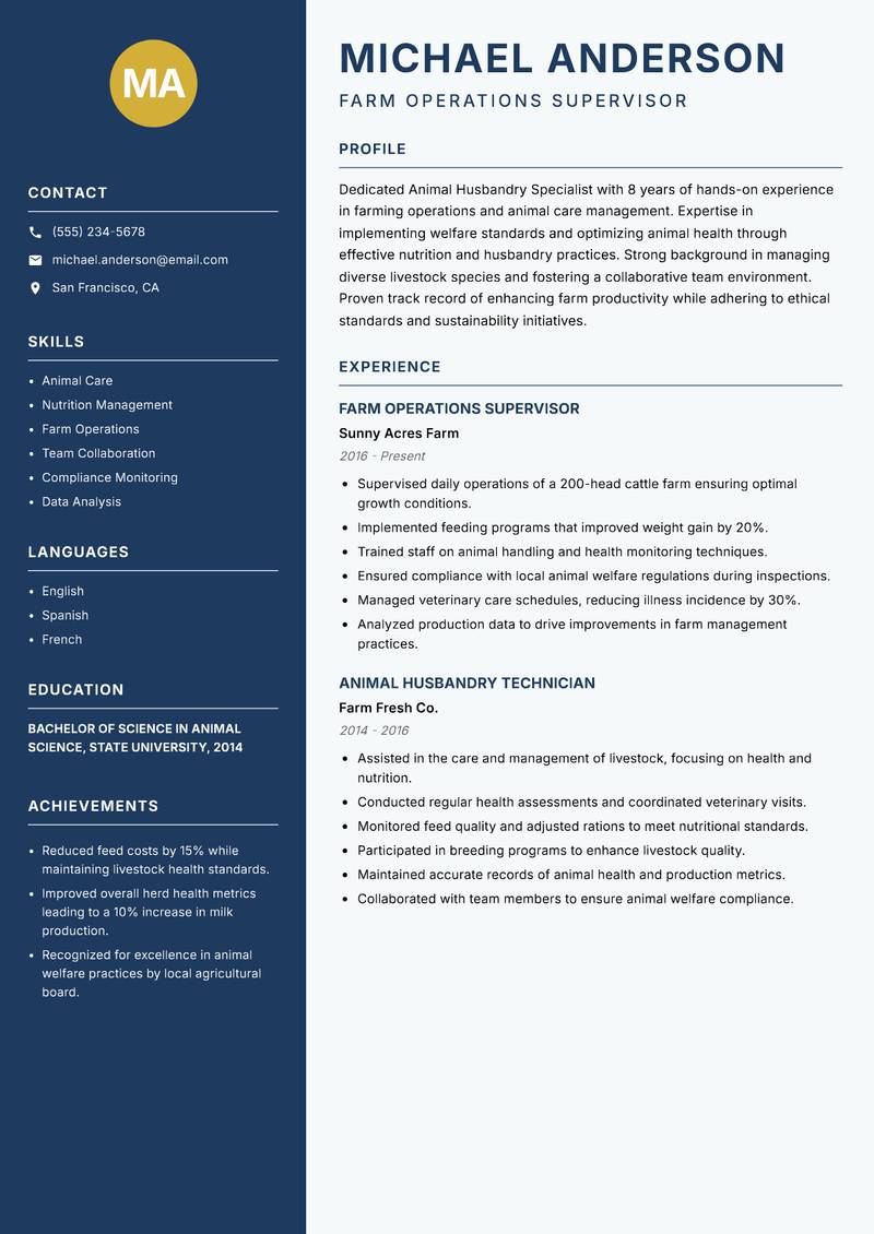 Animal Husbandry Specialist Resume Preview Example