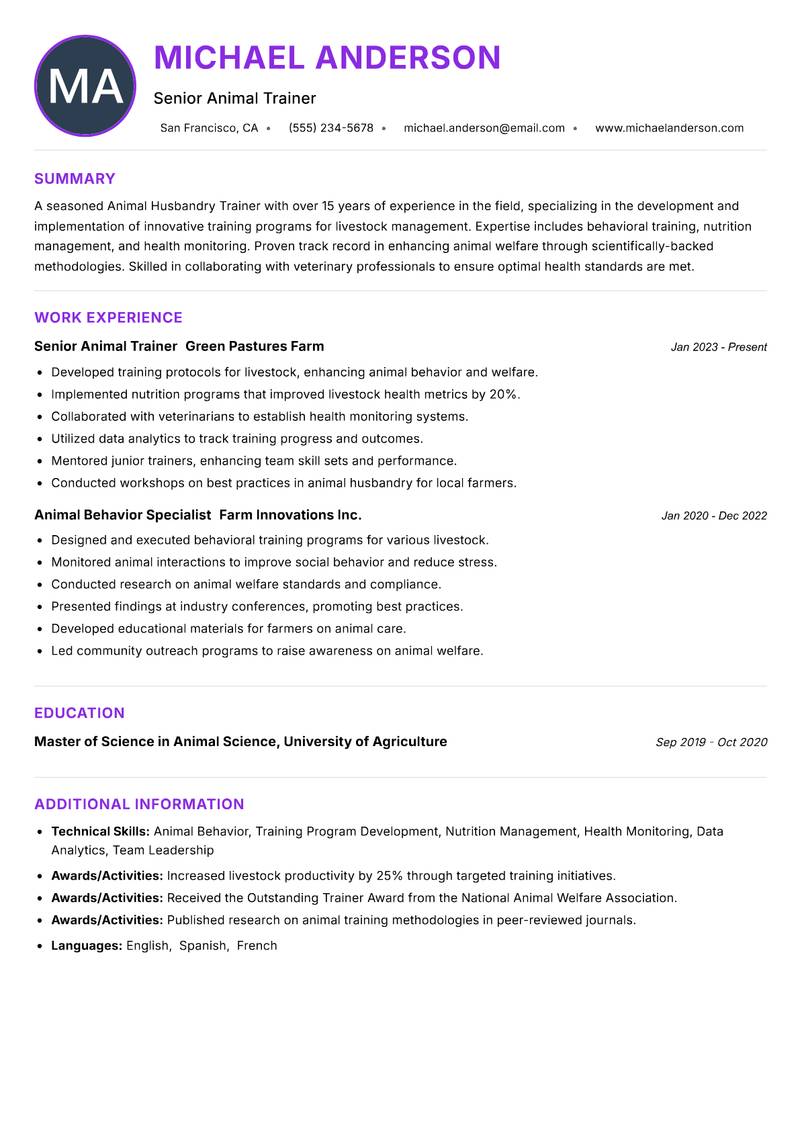 Animal Husbandry Trainer Resume Preview Example