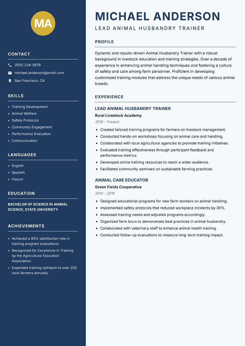 Animal Husbandry Trainer Resume Preview Example