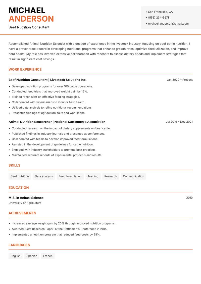 Animal Nutrition Scientist Resume Template