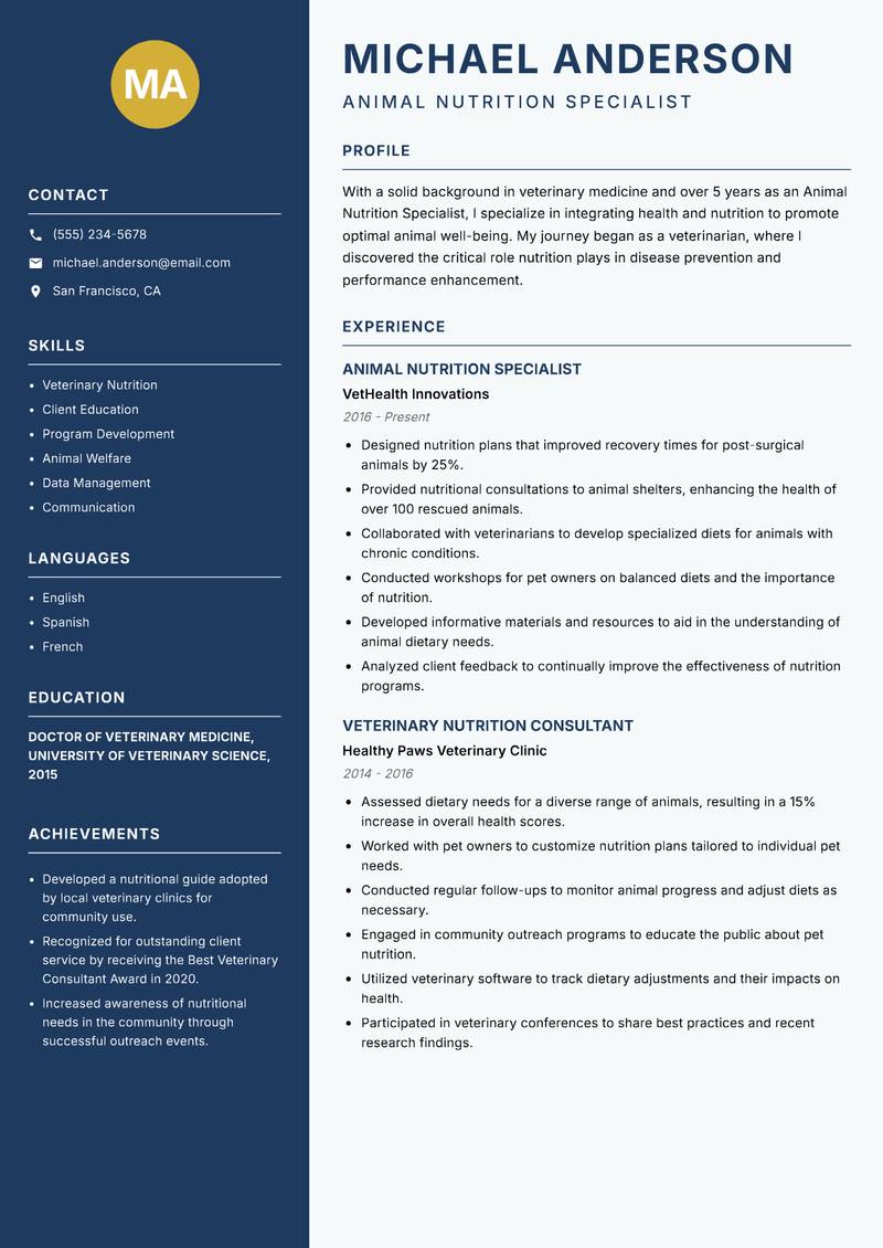 Animal Nutrition Specialist Resume Preview Example