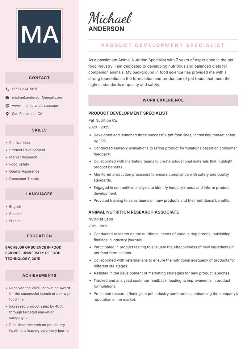 Animal Nutrition Specialist Resume Preview Example