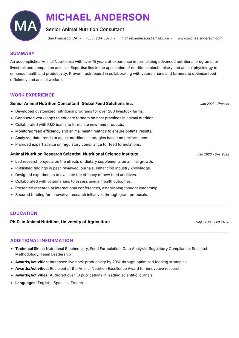 Animal Nutritionist Resume Preview Example