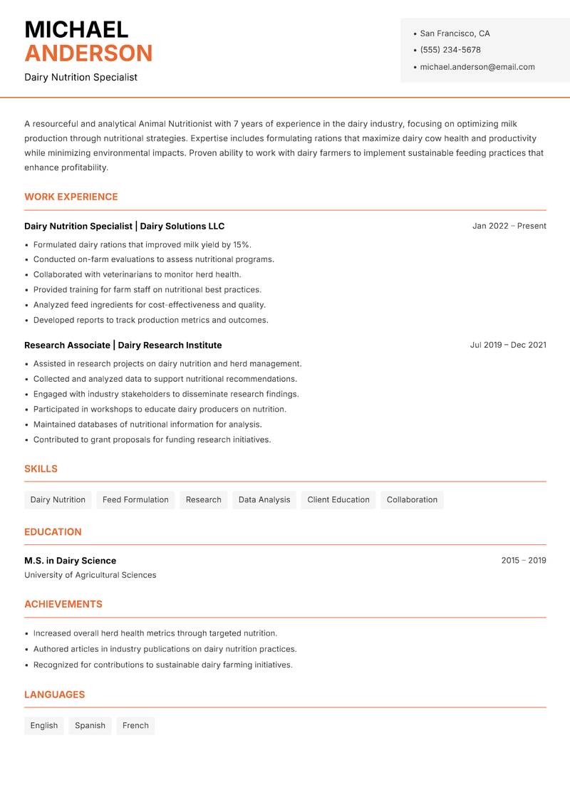 Animal Nutritionist Resume Template