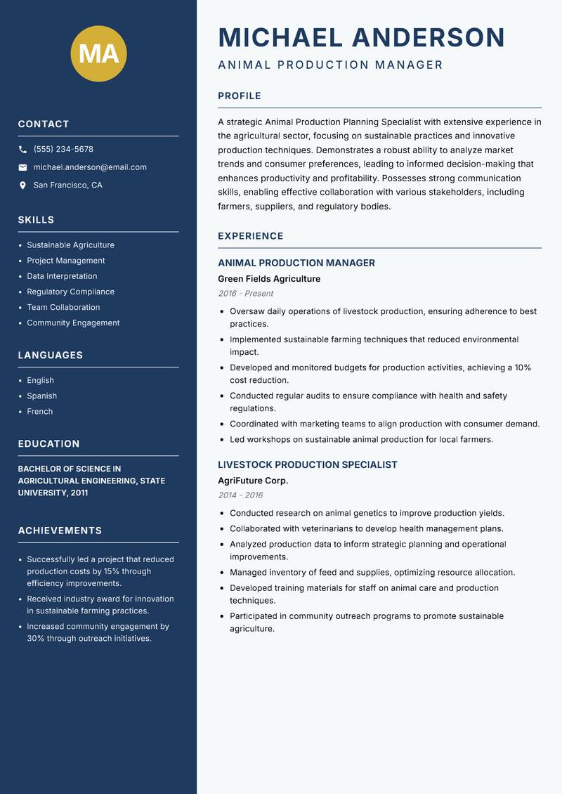 Animal Production Planning Specialist Resume Preview Example