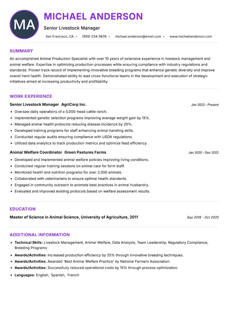 Animal Production Specialist Resume Preview Example