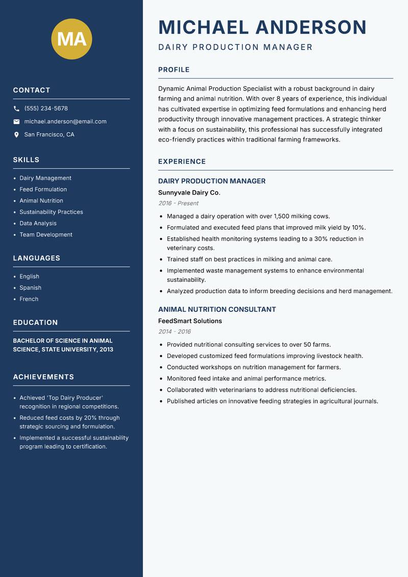 Animal Production Specialist Resume Preview Example