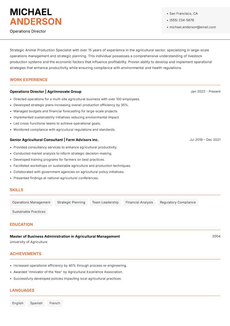 Animal Production Specialist Resume Template