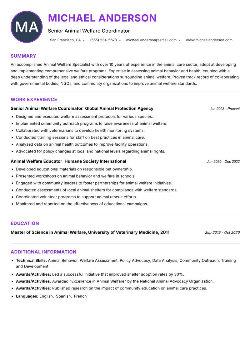 Animal Welfare Specialist Resume Preview Example