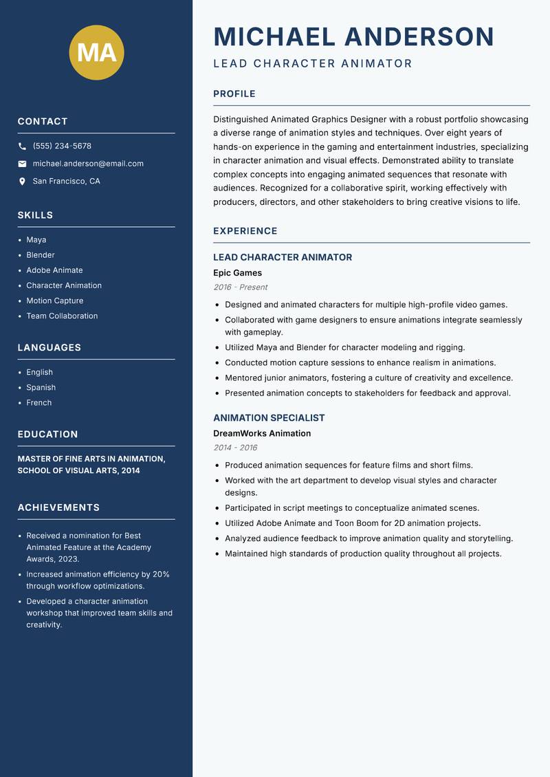 Animated Graphics Designer Resume Preview Example